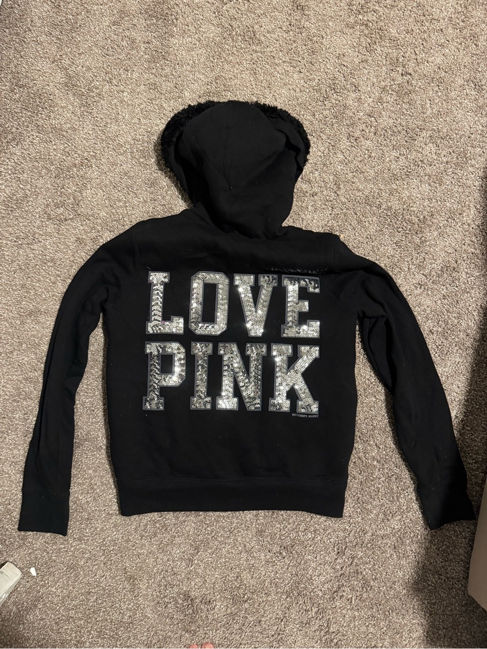 Victoria’s Secret PINK Vintage Faux Fur Sequin LOVE PINK Zip Hoodie M